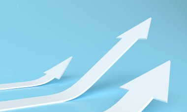 Yeni iş planlama stratejisi için yükselen beyaz okun 3D yorumlanması. İş hedefi konsepti büyüyor. Arrow 'un büyüme başarısına adım at. Mavi Arkaplanda ilerleme yolu ve ileri başarı.