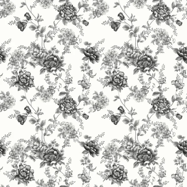 Seamless vector vintage pattern with a Victorian bouquet of black flowers on a white background. Garden roses, tulips, delphinium, petunia. Monochrome. for brand-style textiles, decoration, and book covers.