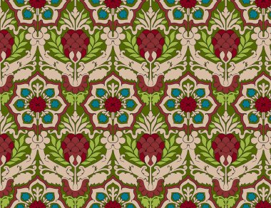 Dekoratif soyut renkli arka plan, süslü dantel çerçeveli geometrik çiçek deseni. Etnik süs. Kumaş izi, ipek boyun eşarbı ya da mendil. Kusursuz geleneksel Pakistan deseni.