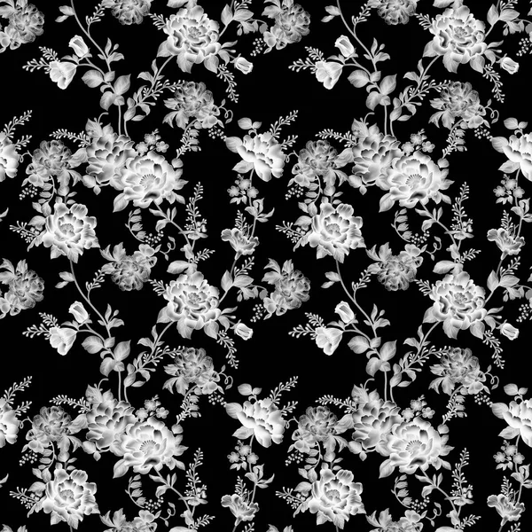 白の背景に黒い花のビクトリア朝の花束とシームレスベクトルヴィンテージパターン 庭のバラ チューリップ デルフィニウム ペチュニア モノクローム ブランドスタイルの織物 本のカバーのために — ストックベクタ