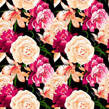 Gül ve suluboya desenli kusursuz çiçek deseni. Vektör çizimi. Koyu arkaplanda çiçekli kusursuz çiçek deseni, suluboya. Tekstil, iç mekan, kıyafet ve duvar kâğıdı için şablon tasarımı. Botanik Sanatı.