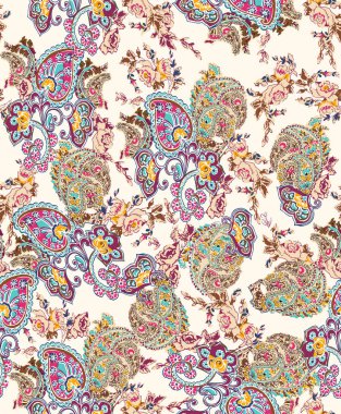 Renkli desenli duvar kağıdı. Vector Endonezya batiği. Parlak, klasik Hint kumaşı. Paisley duvar kâğıdı. Şalı desenli ve stilize çiçekli etnik köken. Tekstil, kapak, ambalaj kağıdı, kumaş için.