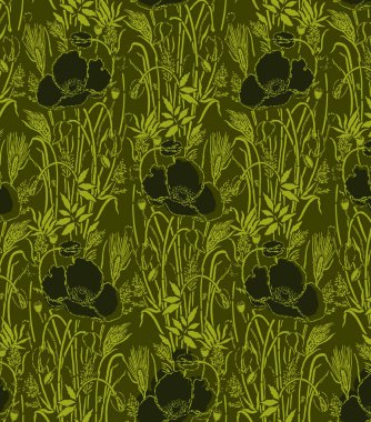 Bir el, yeşil çiçekli, minimalist el çiziminin kusursuz desenini çizer. Çiçek deseni, çiçek deseni, zambak bej rengi duvar dekorasyonu, kartpostal veya klasik broşür kapağı tasarımı için basit şekil..