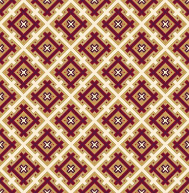 Sarı arka planda kusursuz geometrik desenler, kusursuz çuval bezi dokusu, zigzag kare yuvarlak desenler ve kumaş baskısı için uygun yeni moda soyut tasarımlar..