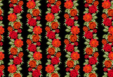 Bir el, arka planda güller ve suluboya ile kusursuz bir çiçek deseni çizer. Vektör çizimi. Çiçekli kusursuz çiçek deseni ve suluboya..