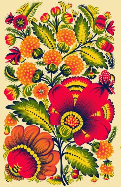 Dikey, kusursuz moda geçmişi. Kadınların uzun elbisesi, parlak, pürüzsüz el yapımı tekstil ve kağıt baskı desenleri ile modellenir. Turuncu-kahverengi desenli izole bir elbise. vektör. Güzel etnik sınır ve çiçekler ve tekstil .motifleri..