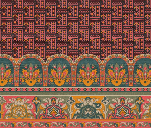 Hermosa Frontera Étnica Flores Textiles Motivos Digitales Paisley Motivos Paisley — Foto de Stock