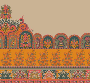 güzel etnik sınır ve çiçekler ve tekstil dijital motifler .paisley tasarım sanat illüstrasyonu geleneksel tasarım motifleri. paisley sınır tasarımı.