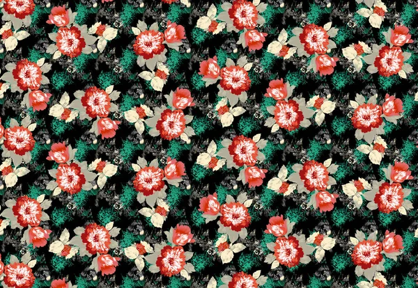 Varrat Nélküli Akvarell Virág Minta Rózsaszín Pirosító Virágok Elemek Zöld — Stock Fotó