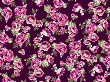 Çiçek desenli suluboya güller ve pürüzsüz bir arka plan. Kumaş ve kağıda veya kupür defterine baskı yapmak için ideal. Elle boyanmış. Raster illüstrasyonu.