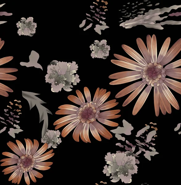 수채화 수채화 꽃무늬 오렌지색 꽃무늬 어두운 — 스톡 벡터