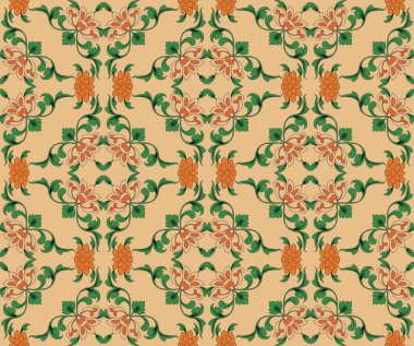 Portakal ve lalelerle dekoratif desen. Portekiz azulejosundan esinlenilmiş halk motifleri. Duvar kağıdı, kumaş ve ambalaj kağıdı dekorasyonu için süslü fayanslar, cilt arka planında yeşil ve turuncu motif çiçekler