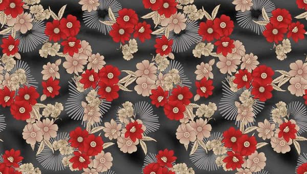 Ethnische Handzeichnung Nahtloses Rotes Blumenmuster Mit Blumen Auf Dunklem Hintergrund — Stockfoto