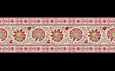 Tekstil dijital tasarım motifi el yapımı sanat eserleri kadın kumaş tasarımları için önden ve dupatta baskıları için uygundur. Soyut şekiller desenli halı barok desenli Paisley süslemesi Babür sınır desenini çıkartır.