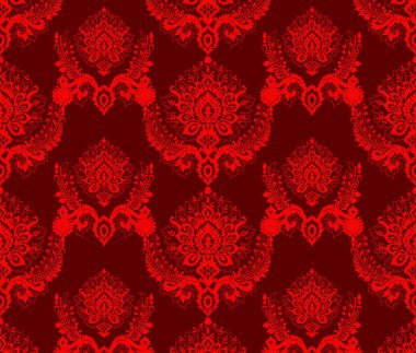 Damask çiçeksiz desen. Kraliyet duvar kağıdı. Kırmızı arka planda çiçekler ve taçlar. Kusursuz Duvar Kağıdı Deseni, kırmızı. Pakistan geleneksel şablonu.