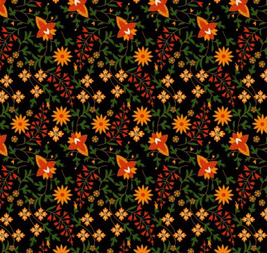 Kusursuz gelincik çiçekleri ve iz çizimleri. Kumaş deseni. siyah arkaplan.