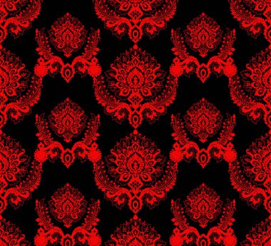 Kusursuz Duvar Kağıdı Deseni, kırmızı. Geleneksel Pakistan modeli. Damask çiçeksiz desen. Kraliyet duvar kağıdı. Kırmızı arka planda çiçekler ve taçlar.