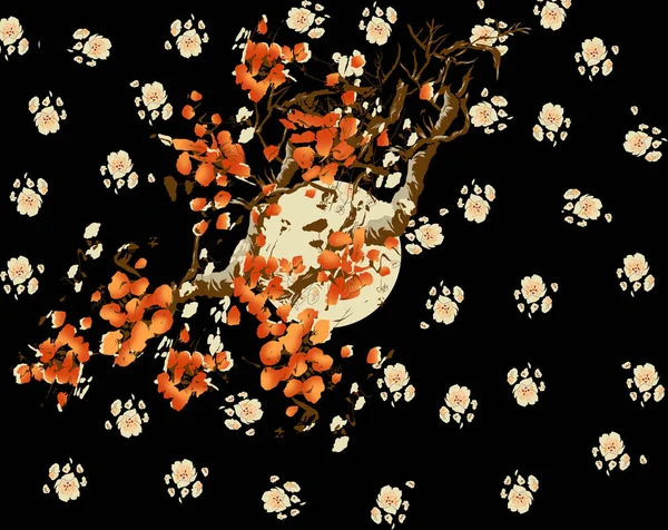 moon, tree, textile design, Chinese, moon tree design. rendering of In the forest in the middle of the night, the full moon shines through the pink sakura trees at night.