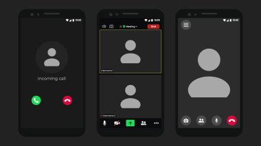 Video sohbet kullanıcı arayüzü. Çevrimiçi konferans. Video konferans ikonu. İnternetteki Webinar sohbeti. Siyah arkaplanı olan giyin.