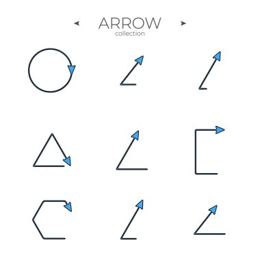 Renkli oklar. Renkli koleksiyon. Yön okları. Kıvırcık ve dalga yönlendirmesi. Oklar izole edildi