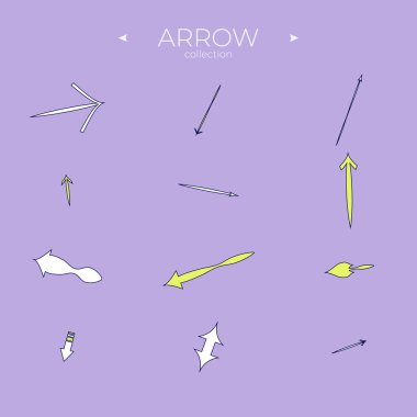 Renkli oklar. Renkli koleksiyon. Zarif bir tarzla. Kıvırcık ve dalga yönlendirmesi. Vektör gezintisi