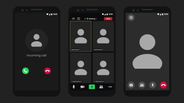 Video sohbet kullanıcı arayüzü. Kullanıcı web video arama penceresi. Pencere Uygulaması şablonunu ara. Video webinarlarından kullanıcı arayüzü. Siyah arkaplanı olan giyin.