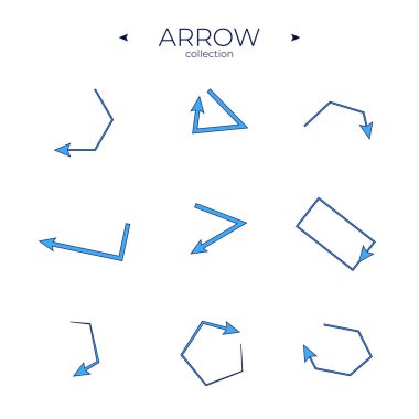 Renkli oklar. Ok vektör koleksiyonu. Soyut minimalist kalıplar. Kıvırcık ve dalga yönlendirmesi. Vektör gezintisi