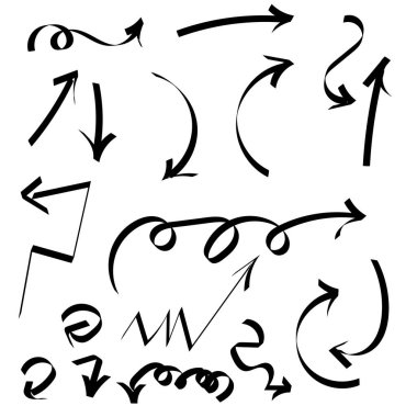 Çeşitli taslak Doodle Okları. Grunge Sketch oku. Yönlendirme göstergeleri Şekiller ve Nesneler. Arka planda izole edilmiş. Vektör illüstrasyonu