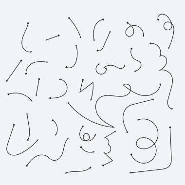 Doodle Vektör oku ayarlandı. Bilgi elementleri arka planda izole edildi. Yönlendirme göstergeleri Şekiller ve Nesneler. Dinamik ok işaretleri. Vektör