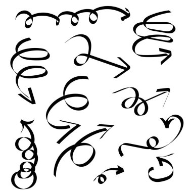 Çeşitli taslak Doodle Okları. Bilgi elementleri arka planda izole edildi. Serbest rengarenk çizgiler. Çocukların kalem çizimleri. Düzenlenebilir vektör vuruşu