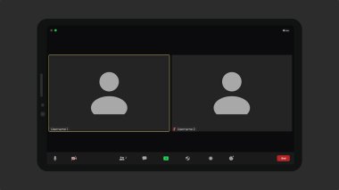 Şablon video konferans kullanıcı arayüzü. Kullanıcı web video arama penceresi. Ekran şablonunu ara. Uygulama Arayüzü Buluşması. Siyah arkaplanı olan giyin.