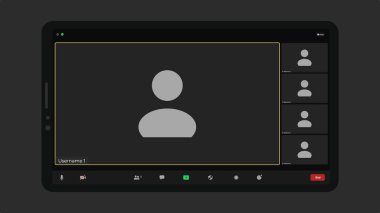 Video konferans pencereleri örtüşüyor. Video aramaları pencere kaplaması. Öğrenme konferansı için video ekranı modeli. Dijital iletişim. Mockup Kit arayüzü.