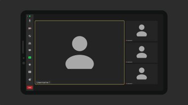 Şablon video konferans kullanıcı arayüzü. Arama başvurusu. Öğrenme konferansı için video ekranı modeli. Uzaktan konuşmanın bir kopyası. Mockup Kit arayüzü.