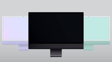 Gerçekçi bilgisayar ekran modeli. Bilgisayar monitörü taklit afişi. Siyah ekranlı ekran. İnternet sitesi ya da iş sunumu için. Dijital aygıt gösterimi.