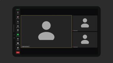 Şablon video konferans kullanıcı arayüzü. Arama başvurusu. Yakınlaştır Arayüz Şablonu. Görüntülü arama illüstrasyonu. Ekranda konuşan kullanıcı çerçevesi.