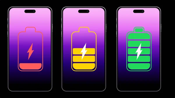 Ontladen Volledig Opgeladen Batterij Smartphone Set Van Batterijladingsniveau Indicatoren Ikoon — Stockvector