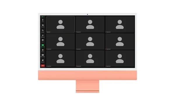 Video konferans kullanıcı arayüzü, Dokuz kullanıcı. Görüntülü konferans aramaları masaüstü, görüntülü sohbet UI ögeleri, Webinar, çevrimiçi toplantı. Vektör illüstrasyonu