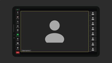 Video konferans pencereleri örtüşüyor. Çevrimiçi konferans. Video konferans penceresi örtüşüyor. Video toplantı uygulamasının ekran görüntüsü. Vektör UI ekranı.