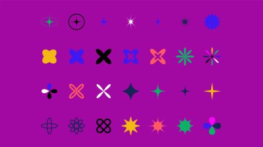 Asgari yıldız şekilleri. Renkli simgeler kümesi. Bauhaus tasarım elementlerine ilham verdi. Vektörün gelecekteki bileşimi. Vektör illüstrasyonu