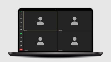 Video konferans kullanıcı arayüzü. Arama başvurusu. Uygulama ve masaüstü için iletişim pencereleri. Dijital iletişim. Siyah arkaplanı olan giyin.