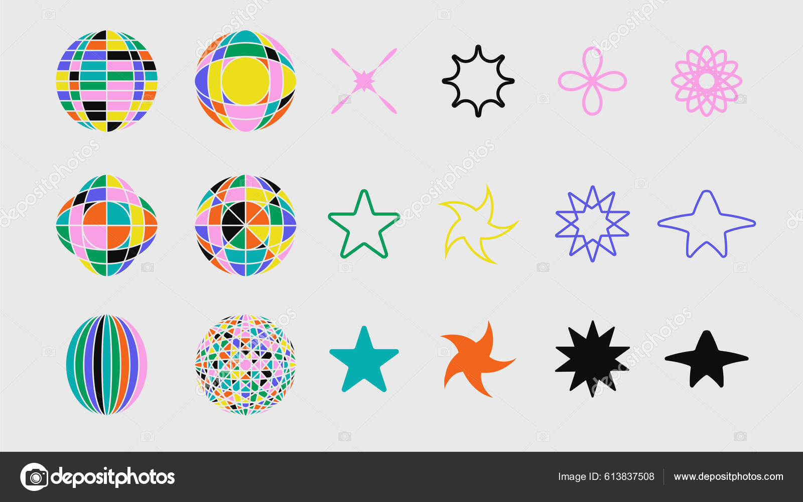 Set with Y2K elements. Aesthetic abstract vector shapes. Simple