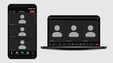 Şablon video konferans kullanıcı arayüzü. Sosyal iletişim başvurusu. Kullanıcı web video arama penceresi. Dijital iletişim. Mokup UI, UX.