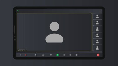 Video konferans pencereleri örtüşüyor. Arama başvurusu. Pencere Uygulaması şablonunu ara. Video webinarlarından kullanıcı arayüzü. Şablon modellemesi.
