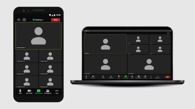 Video konferans pencereleri örtüşüyor. Kullanıcı web video arama penceresi. Öğrenme konferansı için video ekranı modeli. Sosyal uzak medya kavramı. Toplantı Uygulaması Düz Vektörü.
