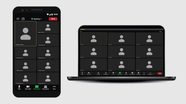 Şablon video konferans kullanıcı arayüzü. Sosyal iletişim başvurusu. Video konferans ikonu. İnternetteki Webinar sohbeti. Şablon modellemesi.