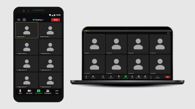 Video sohbet kullanıcı arayüzü. Çevrimiçi konferans. Öğrenme konferansı için video ekranı modeli. Video webinarlarından kullanıcı arayüzü. Toplantı Uygulaması Düz Vektörü.