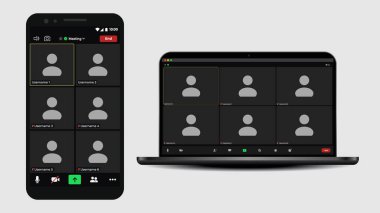 Video konferans pencereleri örtüşüyor. Çevrimiçi konferans. Öğrenme konferansı için video ekranı modeli. Uzaktan konuşmanın bir kopyası. Mockup Kit arayüzü.