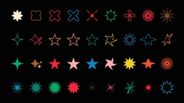 Vahşilik şekilleri, minimalist geometrik elementler, soyut Bauhaus formları. Basit yıldız ve çiçek şekli, temel biçim, modern grafik element vektörü seti. Vektör illüstrasyonu