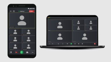 Şablon video konferans kullanıcı arayüzü. Arama başvurusu. İş seminerleri için online sohbet. Görüntülü arama illüstrasyonu. Şablon modellemesi.