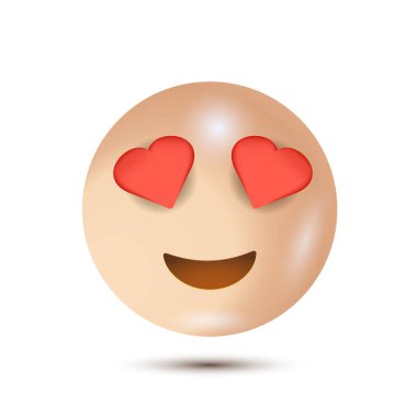Kalp gözleri. 3D biçimlendirilmiş vektör simgesi. gülümseyen yüz ifadesi karakter tasarımı. Ağ için 3 boyutlu ifade. Vektör Emoji. Web arayüzü için